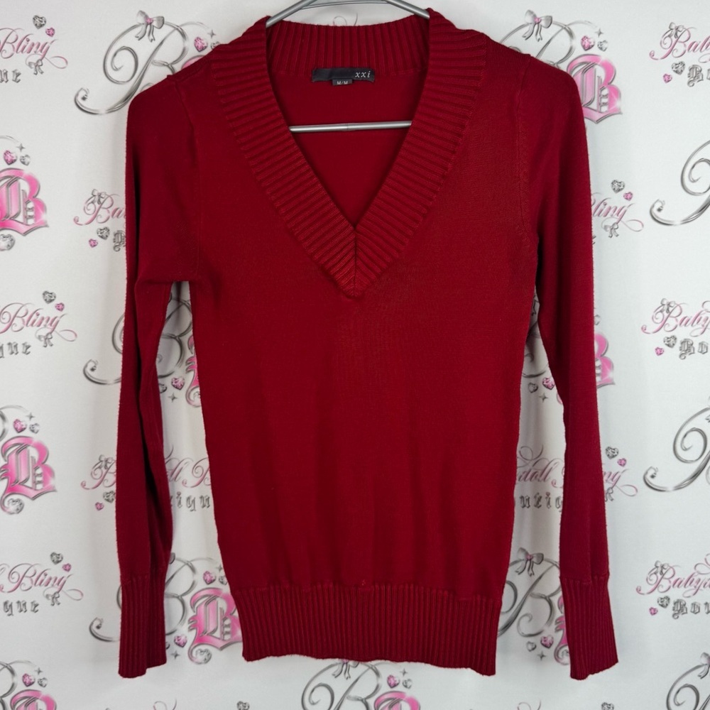Forever 21 sweater ribbed y2k preppy Deep Red V-Neck Sweater